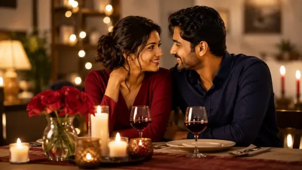 Romantic young Indian couple smiling lovingly at each other during a candlelit date night dinner with red wine.