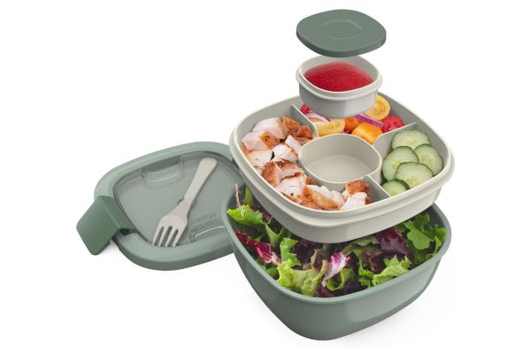 Amazon Bentgo® All-in-One Salad Container - Large Salad Bowl, Bento Box Tray, Leak-Proof Sauce Container, Airtight Lid, & Fork for Healthy Adult Lunches; BPA-Free & Dishwasher/Microwave Safe (Khaki Green) Credit: Amazon