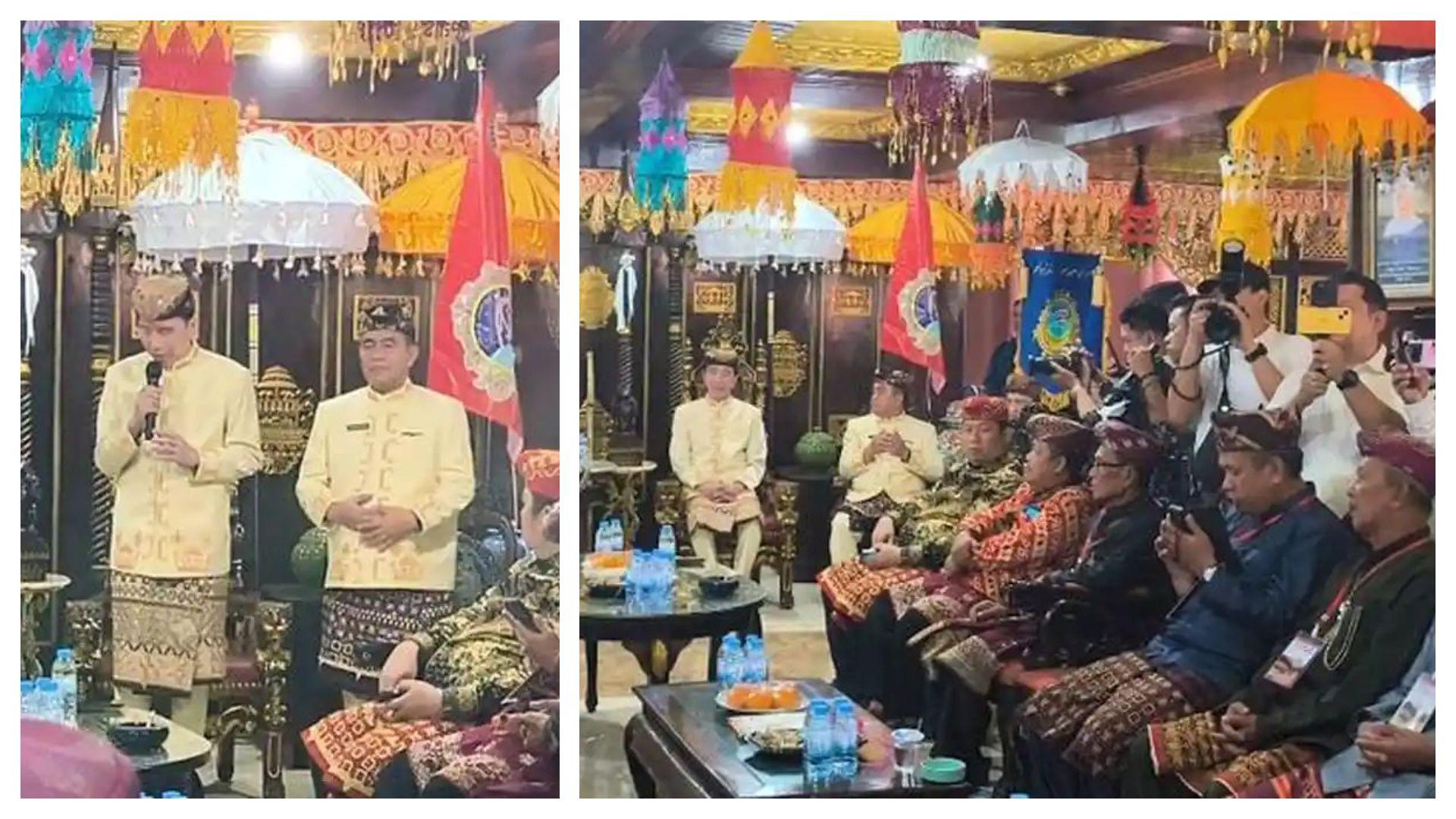 GELAR ADAT - Presiden ke-7 RI, Joko Widodo ( Jokowi ) saat menyampaikan sambutan seusai menyandang gelar adat kehormatan 