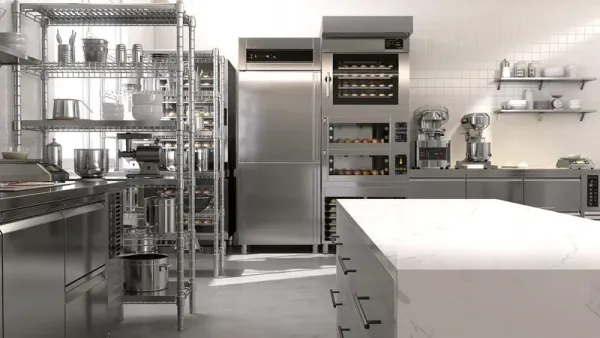 Empty clean white marble top island table in commercial, professional bakery kitchen with stainless steel convection, deck oven, freezer, refrigerator, shelf, cabinet, equipment for industrial restaurant cooking, food, drink product display background 3D