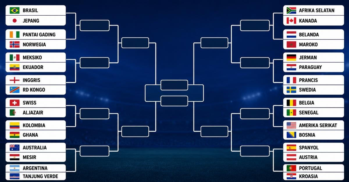 BAGAN 32 PILDUN - Bagan 32 besar Piala Dunia 2026 setelah menyelesaikan babak fase grup pada Minggu (28/6/2026) siang WIB.