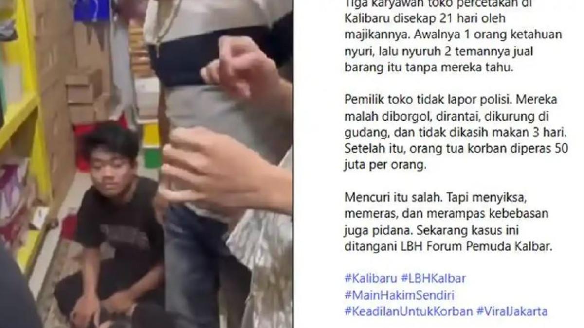 3 PEMUDA DISEKAP - Sebuah video viral di media sosial yang memperlihatkan tiga orang pemuda diduga disekap dengan kakinya diikat tali baja dan besi rantai di kawasan Senen, Jakarta Pusat. Polisi sudah mengamankan dua orang yang diduga pelaku penyekapan bernama Arief Iswahyudi dan Sabarudin.