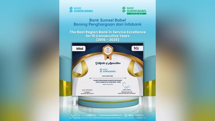 Perwakilan Bank Sumsel Babel menerima penghargaan Platinum dalam ajang Infobank Banking Customer Experience Awards 2026 di Hotel Indonesia Kempinski Jakarta, Jumat (26/6/2026). Penghargaan ini menandai 10 tahun berturut-turut Bank Sumsel Babel sebagai bank daerah terbaik dalam service excellence.