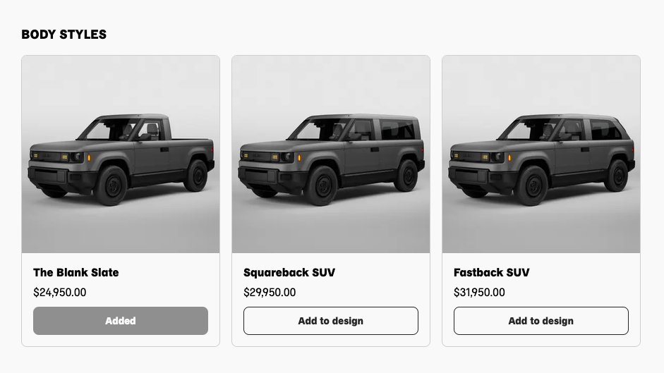 vehicle selection options with pricing