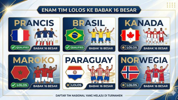 Norwegia dan Prancis menambah daftar Tim sepak bola lolos ke babak 16 besar Piala Dunia 2026.