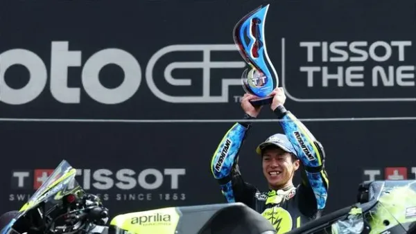 MotoGP - Grand Prix of Netherlands - TT Circuit Assen, Assen, Netherlands - June 28, 2026 Trackhouse MotoGP Team's Ai Ogura celebrates on the podium with a trophy after winning the MotoGP race REUTERS/Omar Havana