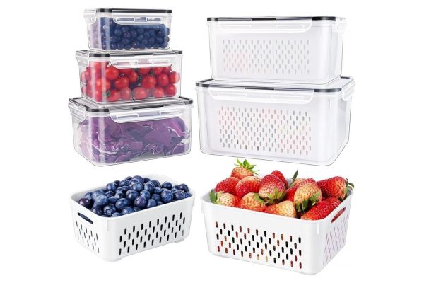 5 PCS Large Fruit Containers for Fridge - Leakproof Food Storage Containers with Removable Colander - Dishwasher & microwave safe Produce Containers Keep Fruits, Vegetables, Berry, Meat Fresh longer Credit: Amazon