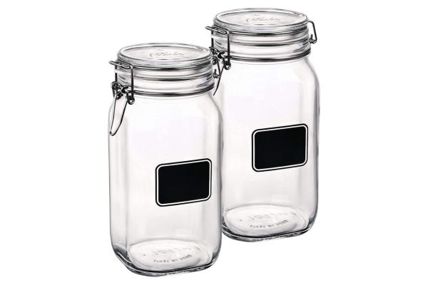 Bormioli Rocco Fido Collection, 2 Pack, 50.75 Oz. Food Storage Glass Jars, With Chalkboard, Airtight Rubber Seal & Glass Lid, With Steel Wire Clamp, Made In Italy. Credit: Amazon