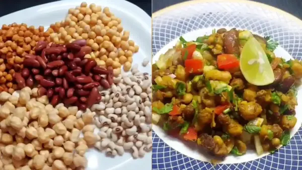 Split view showing various raw legumes and a finished, vibrant mixed chana chaat garnished with fresh lemon.