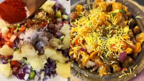 : A split view showing spicy kurmuri chana chaat being prepared with fresh vegetables and finished with crunchy sev.
