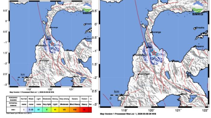 GEMPA PAGI INI - Baru saja, gempa terjadi di Kabupaten Sigi, Provinsi Sulawesi Tengah, Rabu (1/7/2026).