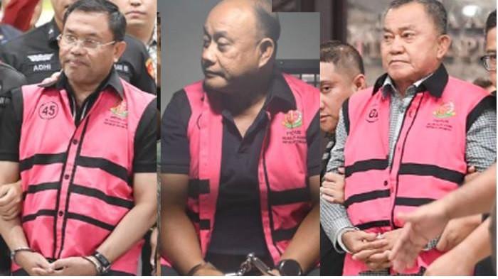 TERSANGKA - 3 dari 6 tersangka, Eks Kepala Badan Gizi Nasional Dadan Hindayana (tengah) serta eks Wakil Kepala BGN, Lodewyk Pusung (kanan) dan Sony Sonjaya (kiri), tersangka kasus dugaan tindak pidana korupsi tata kelola program Makan Bergizi Gratis (MBG).