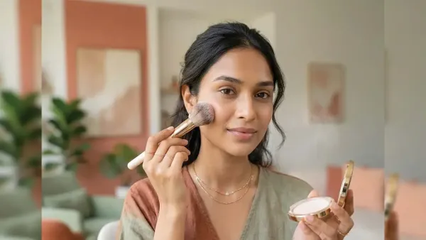 A beautiful young South Asian woman with elegant wavy hair pulled back, smiling softly while using a large fluffy makeup brush to apply compact setting powder or highlighter to her cheek. She is holding a gold compact case in her left hand and wearing a delicate double-strand gold necklace. The background is a modern, warm-toned room with plants.