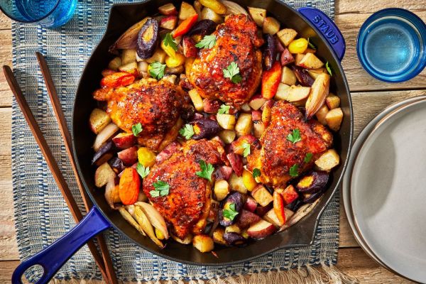 a recipe photo of the Hot Honey Roasted Chicken & Vegetables Credit: Photographer: Jen Causey, Food Stylist: Jennifer Wendorf, Prop Stylist: Lindsey Lower