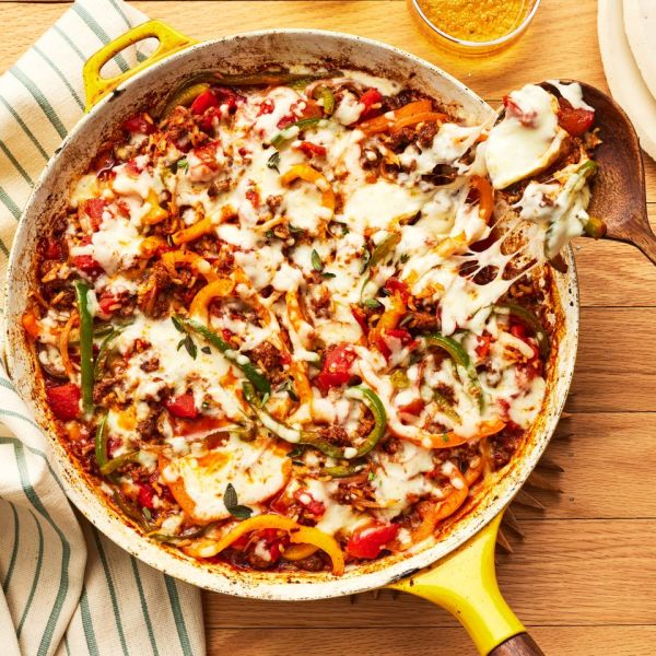 a recipe photo of the Stuffed Pepper Skillet Credit: Photographer Victor Protasio, Food Stylist Julian Hensarling, Prop Stylist Tucker Vines