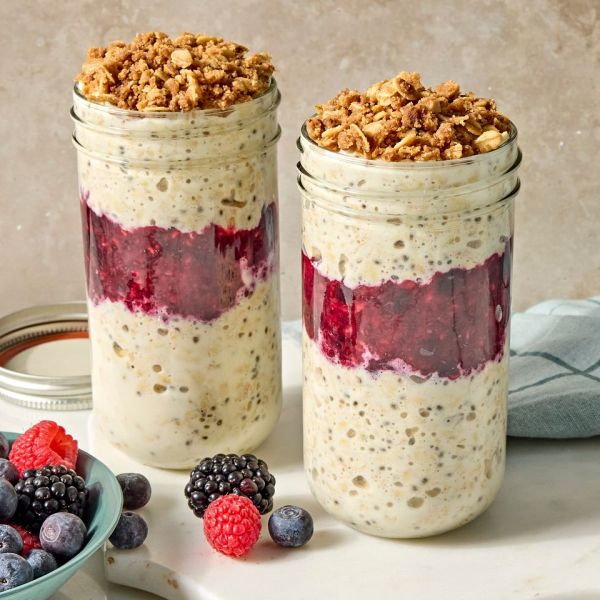 A recipe image of Lemon-Berry Crisp Overnight Oats Credit: Photographer: Jen Causey, Food Stylist: Julian Hensarling, Prop Stylist: Christina Daley.