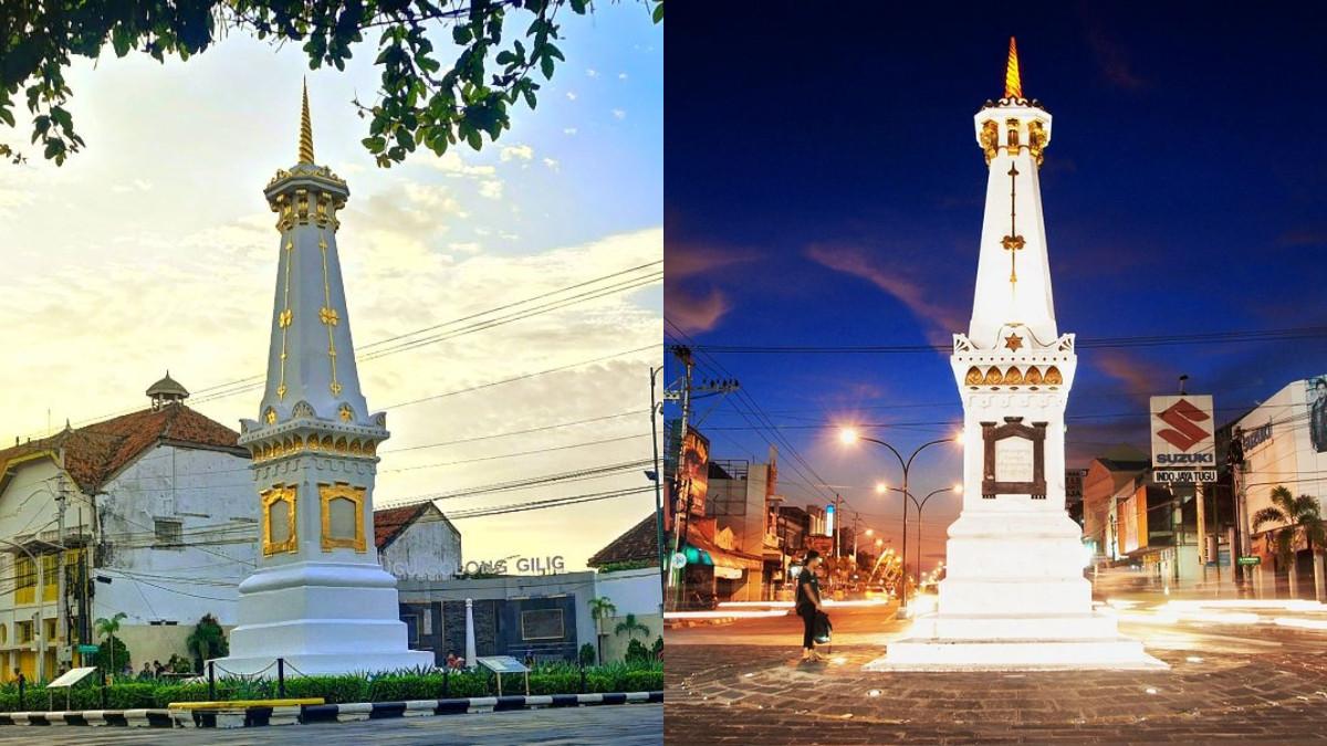 WISATA JOGJA - Pesona Tugu Jogja di siang dan malam hari.