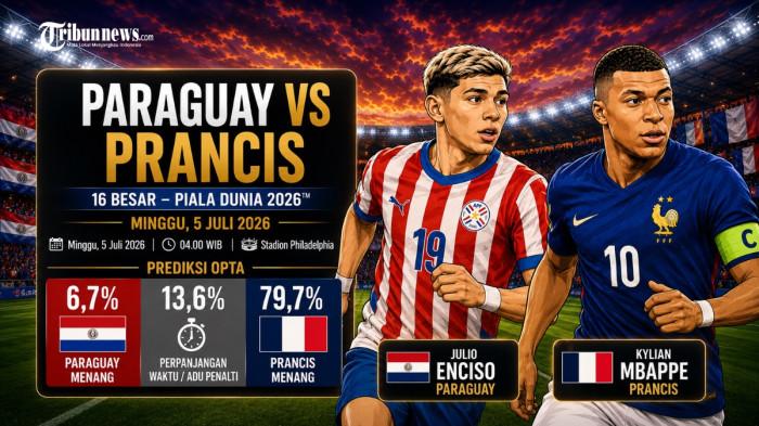 PARAGUAY VS PRANCIS - Prediksi skor Paraguay vs Prancis pada babak 16 besar Piala Dunia 2026, di Stadion Philadelphia, Minggu (5/7/2026) pukul 04.00 WIB. Les Bleus dijagokan menang mudah.