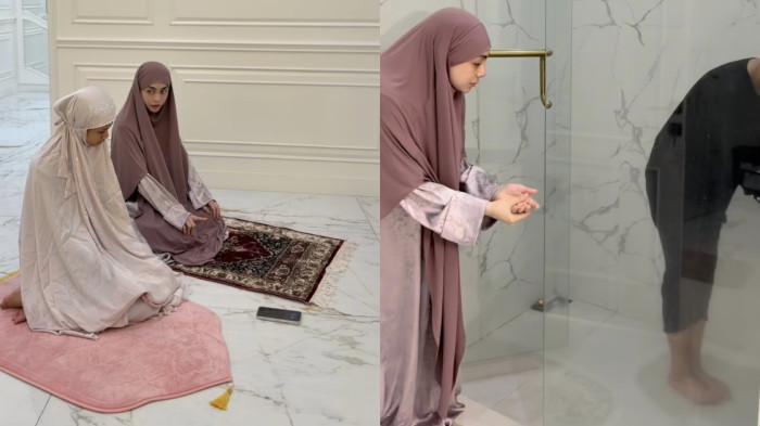 AJARI WUDHU - Artis mualaf Celine Evangelista ajari anaknya, Jemima wudhu dan salat dicapture Sabtu (26/6/2026).