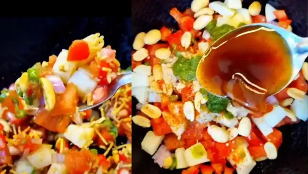 Spoon drizzling tangy tamarind chutney over a vibrant mixture of chopped tomatoes, onions, peanuts, and crunchy sev snacks.
