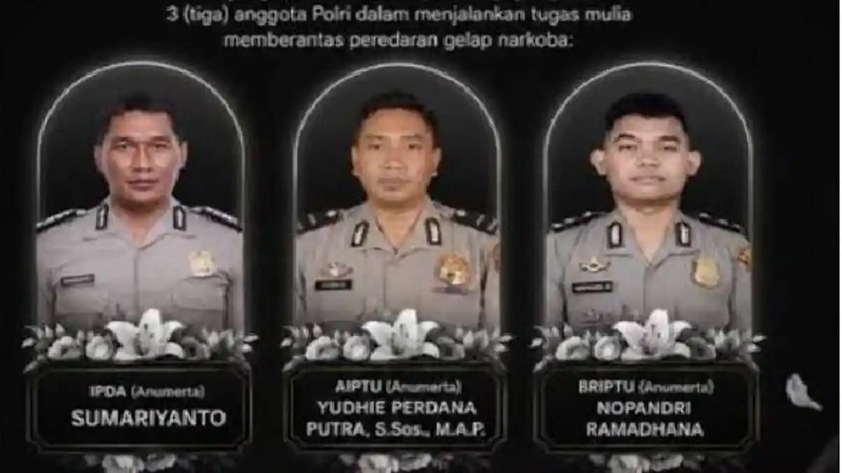 POLISI KALTENG GUGUR - Aiptu Sumariyanto (kiri), Aipda Yudhie Perdana Putra (tengah) dan Bripda Nopandri Ramadhana (kanan), polisi yang gugur saat penggerebekan bandar narkoab di Katingan, Kalimantan Tengah.