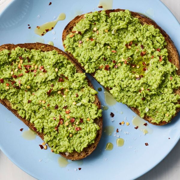 A recipe image of Smashed Pea Toast. Credit: Photographer: Jen Causey.