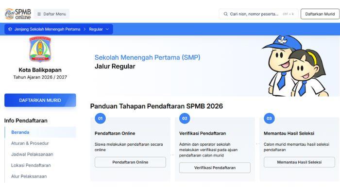 SPMB BALIKPAPAN 2026 - Tampilan pendaftaran SPMB Balikpapan 2026 jenjang SMP jalur Reguler. Simak daftar daya tampung dan cara cek hasil seleksinya