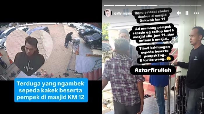 TAMPANG PELAKU -- Tampang pria berhoodie hitam terduga pelaku pencurian sepeda dan gerobak pempek milik seorang kakek di Masjid Da'wah Palembang terekam jelas oleh CCTV.