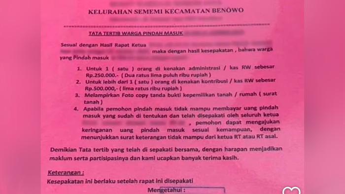 DUGAAN PUNGLI - Beredar tarikan pungutan dari RT dan RW di Kecamatan Benowo, Surabaya, Jawa Timur. Setiap keluarga yang menempati rumah baru atau pindah masuk di wilayah itu berlaku kontribusi Rp 500.000 per rumah.