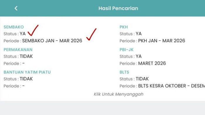 BANSOS JULI 2026 - Tangkapan layar hasil pencarian cek bansos 2026 di aplikasi Cek Bansos Kemensos. (KOMPAS.com/MELA ARNANI)