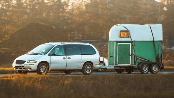 Green horse trailer being towed by white minivan