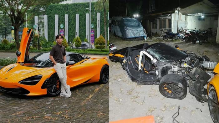 KECELAKAAN - Sosok Andra ST(kiri) saat berfoto bersama mobil kesayangannya dan kondisi supercar McLaren usai kecelakaan di Jalan Sukoharjo-Solo, tepatnya di depan Rumah Makan Pak Cipto, Kelurahan Telukan, Kecamatan Grogol, Kabupaten Sukoharjo, Rabu (8/7/2026) sekitar pukul 01.45 WIB.