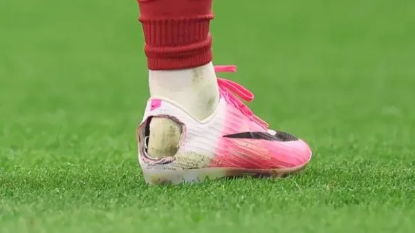 ARLINGTON, TEXAS - JULY 06:  The Nike football boots worn by Pedro Neto of Portugal with a hole cut out of the heel during the FIFA World Cup 2026 Round Of 16 match between Portugal and Spain at Dallas Stadium on July 06, 2026 in Arlington, Texas. (Photo by Catherine Ivill - AMA/Getty Images)