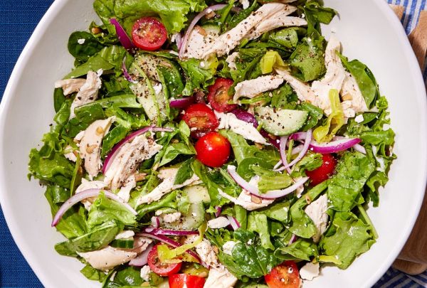 Up-close photo of Chopped Power Salad with Chicken Credit: Photographer: Grant Webster, Food Stylist: Holly Dreesman, Prop Stylist: Joseph Wanek