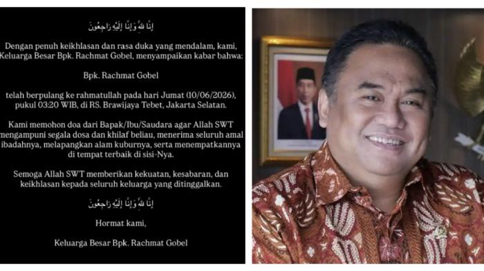 RACHMAT GOBEL WAFAT - Kabar duka datang dari keluarga Rachmat Gobel. Melalui unggahan di akun Instagram, keluarga mengumumkan bahwa Rachmat Gobel telah berpulang ke rahmatullah pada Jumat (10/7/2026) dini hari.