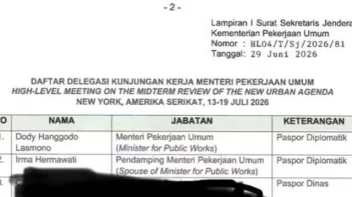 VIRAL - Dokumen kunjungan kerja Menteri PU Dody Hanggodo ke New York menjadi sorotan setelah mencuat ke publik. Nama istri dan putrinya tercantum dalam daftar delegasi, memicu perhatian warganet.