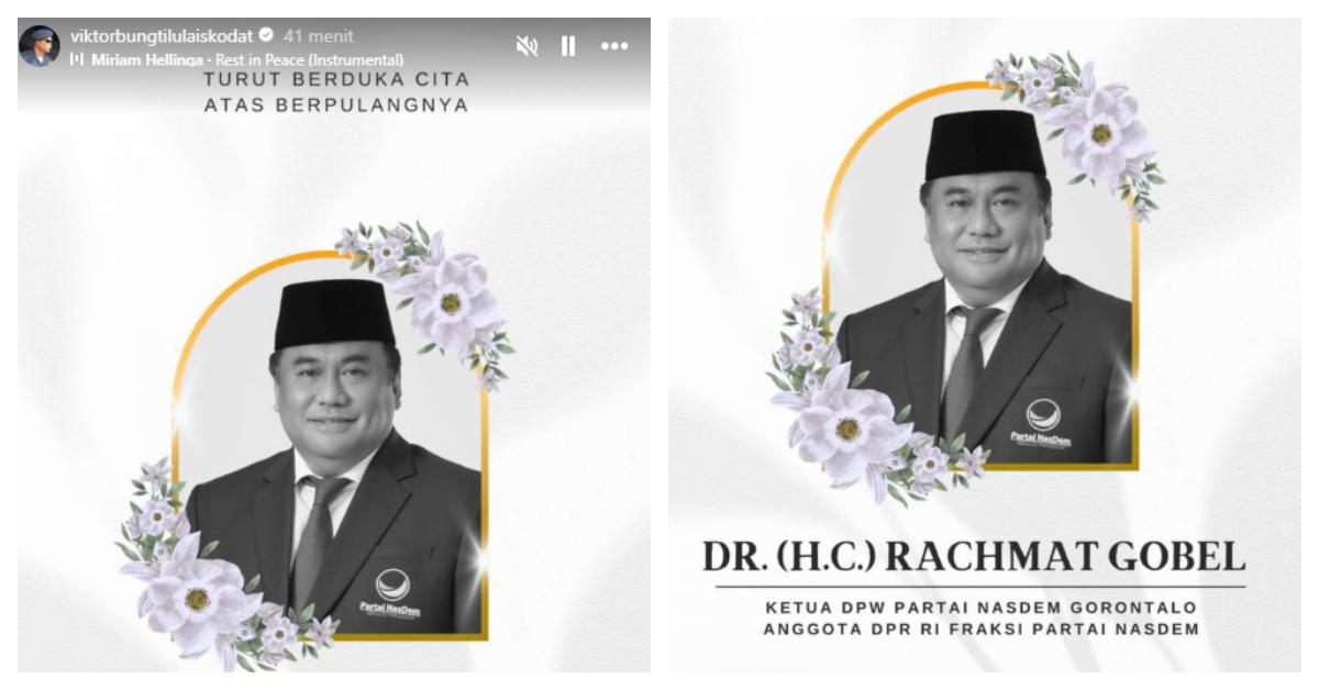 KABAR DUKA - Tangkap layar akun IG @viktorbungtilulaiskodat pada Jumat (10/7/2026), menampilkan unggahan ucapan bela sungkawa. Viktor Bungtilu Laiskodat, Ketua Fraksi NasDem DPR RI menyampaikan duka mendalam atas meninggalnya Rachmat Gobel, Jumat (10/7/2026).