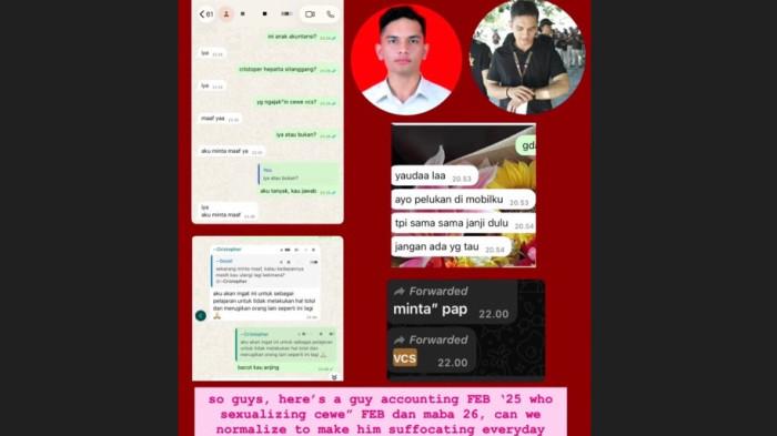PELECEHAN MAHASISWA  - Tangkapan layar yang beredar di media sosial memperlihatkan sejumlah percakapan yang diduga berkaitan dengan kasus pelecehan seksual yang menyeret seorang mahasiswa Fakultas Ekonomi dan Bisnis (FEB) Universitas Sumatera Utara (USU). Dugaan kasus tersebut kini tengah ditangani melalui mekanisme resmi Universitas Sumatera Utara.