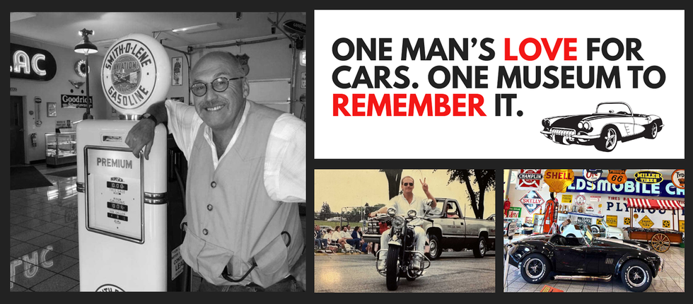 car enthusiast Jim Feneis with vintage gas pump, motorcycle, and classic cars.