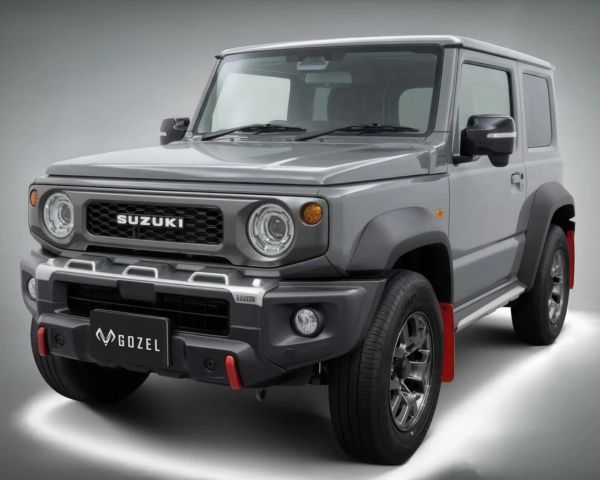 Gray Suzuki SUV with round headlights and red mud flaps on a white background.