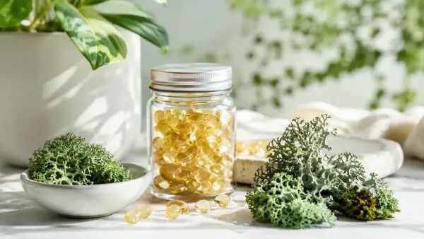 Plant-based Vitamin D3 capsules styled with botanical elements in a bright wellness setting