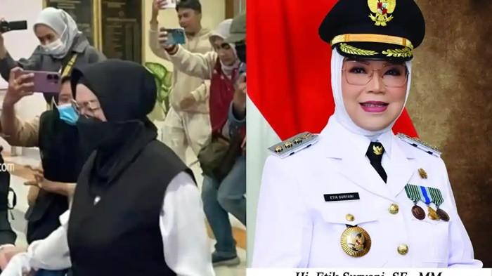 KOLASE- Kolase foto Bupati Sukoharjo Etik Suryani saat menjabat (kiri) dan ketika dibawa petugas menuju bus usai menjalani pemeriksaan di Polresta Solo (kanan), Jumat (10/7/2026), setelah terjaring operasi tangkap tangan (OTT) Komisi Pemberantasan Korupsi (KPK).