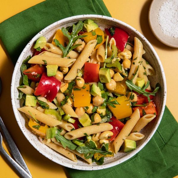 a recipe photo of the Cashew, Chickpea & Avocado Salad with Coriander-Mint-Shallot Vinaigrette Credit: Sara Haas