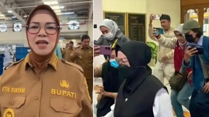 Bupati Sukoharjo, Etik Suryani saat ditemui di Mapolresta Solo, Kota Solo, Jawa Tengah, Jumat (10/7/2026) (kanan). Dia dikabarkan terkena OTT KPK dan diperiksa sejak Kamis (9/7/2026) petang hingga Jumat subuh ini.Etik ditangkap atas dugaan pemerasan terhadap sejumlah pejabat perangkat daerah di lingkungan Pemerintah Kabupaten (Pemkab) Sukoharjo.