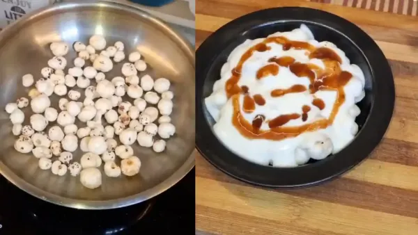 Overhead view of roasted fox nuts and creamy makhana chaat served on a wooden kitchen counter surface.