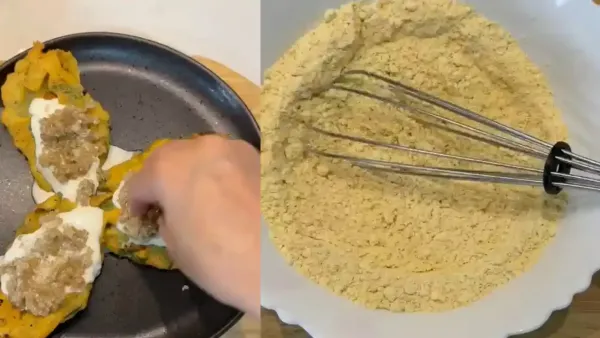 Top view of a hand preparing delicious palak quinoa chaat alongside a bowl of gram flour batter mix.
