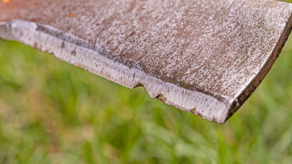 A damaged lawn mower blade.