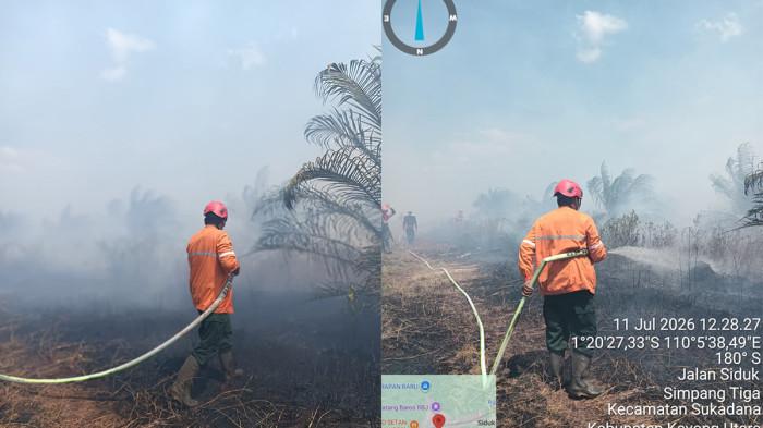 KARHUTLA DI KALBAR - Petugas gabungan berjibaku memadamkan kebakaran lahan di Jalan Siduk, Desa Simpang Tiga, Kecamatan Sukadana, Kabupaten Kayong Utara, Sabtu 11 Juli 2026. BPBD mengungkap tiga kecamatan rawan Karhutla.