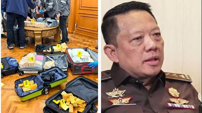 FEBRIE ANGKAT BICARA - Kolase Jampidsus Kejagung Febrie Adriansyah (kanan). Penampakan penggeledahan rumah di Sentul, Bogor, yang digeledah Kortas Tipidkor Polri merupakan milik Febrie, termasuk uang tunai Rp476 miliar dan 74 kilogram emas batangan yang ditemukan di lokasi (kiri). Kini Febrie angkat bicara.