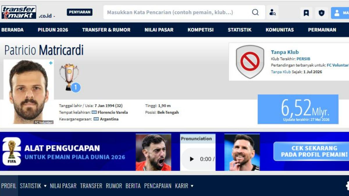 Bek tengah asing Persib Bandung, Patricio Matricardi berstatus tanpa klub di laman Transfermarkt.com.